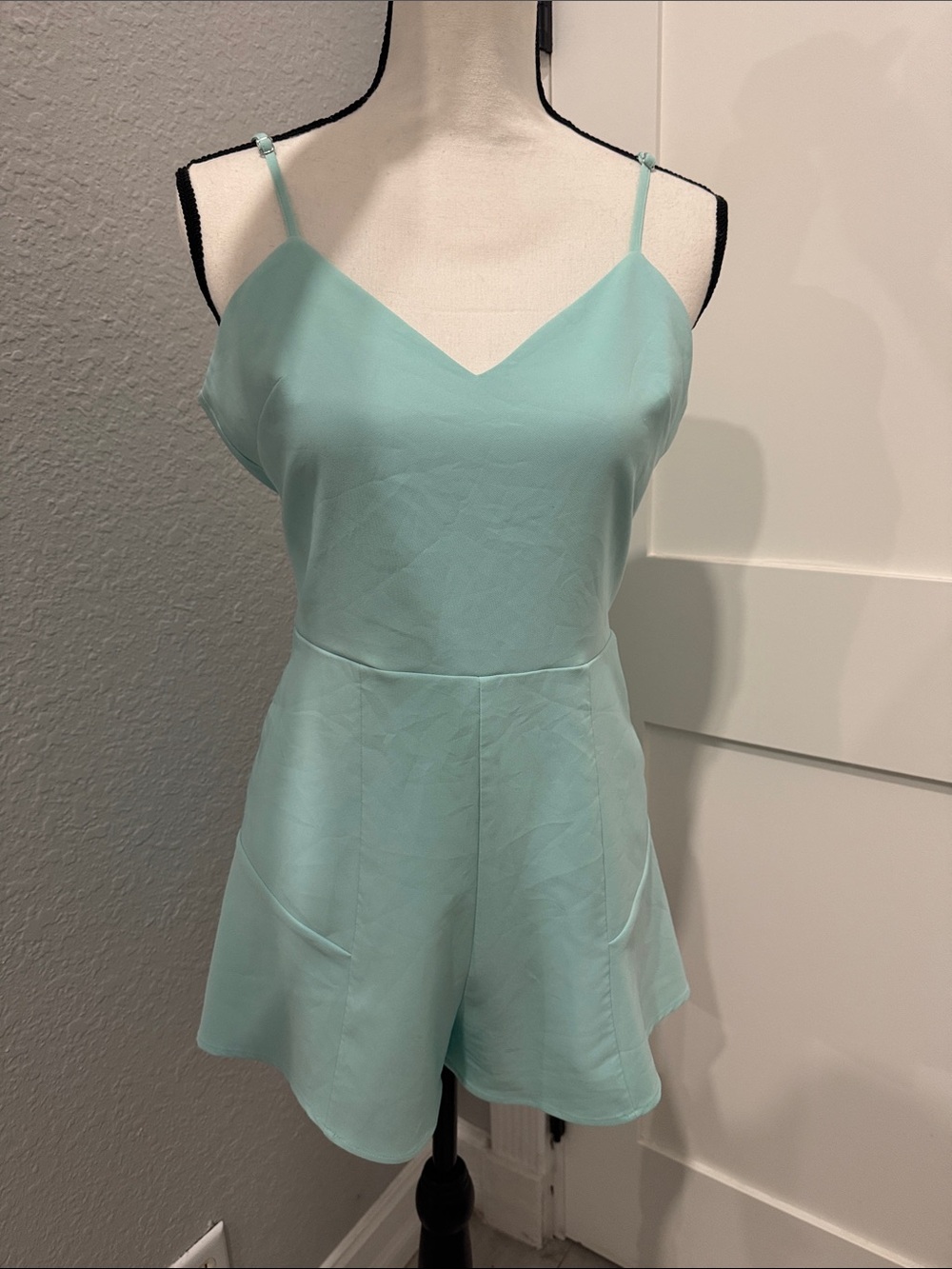 bebe Light Aqua Satin Cami Romper